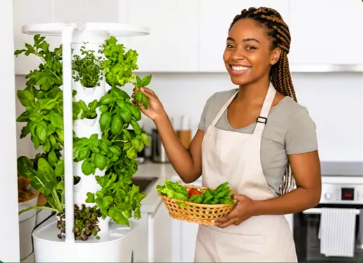 Une tour de culture hydroponique verticale, une solution de jardinage d'intérieur moderne et peu encombrante qui permet de faire pousser des plantes sans terre pour une autonomie alimentaire moderne.